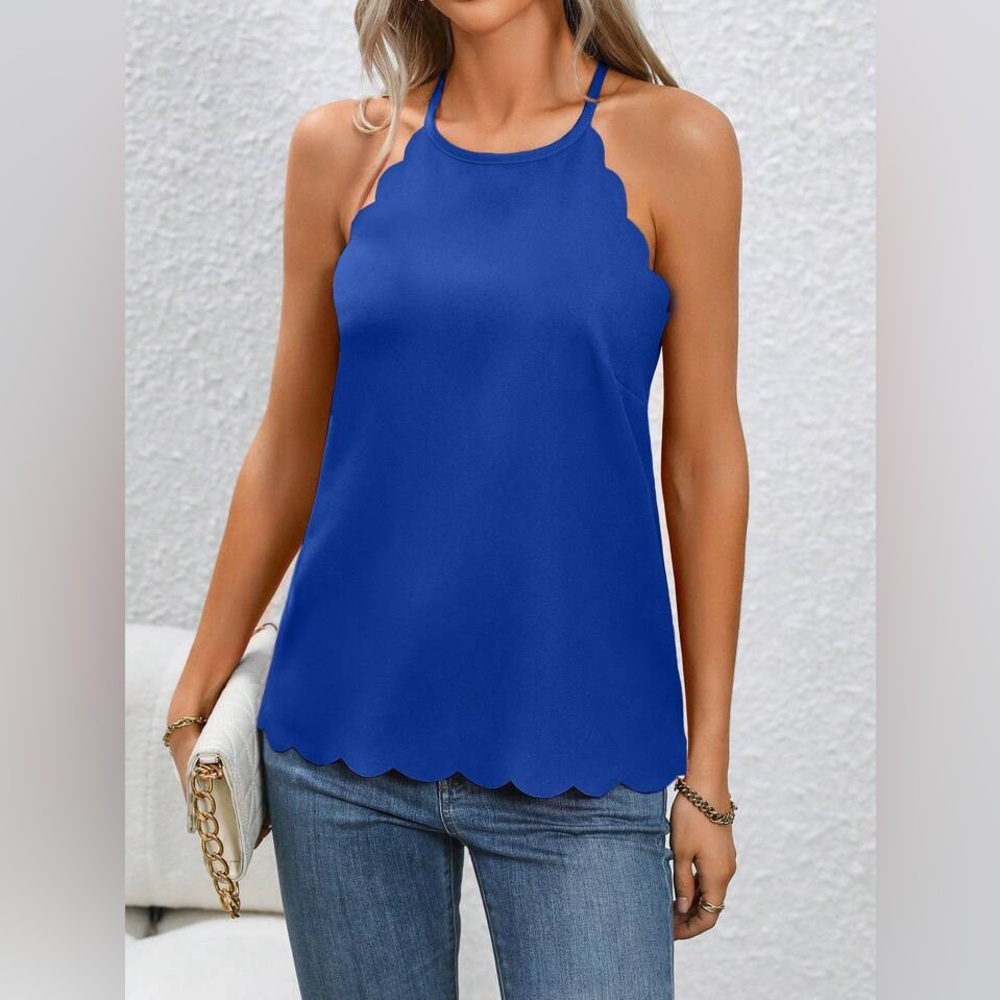 SHEIN Royal Blue Scallop Trim Halter Top Sleeveless High Neck Blouse XL